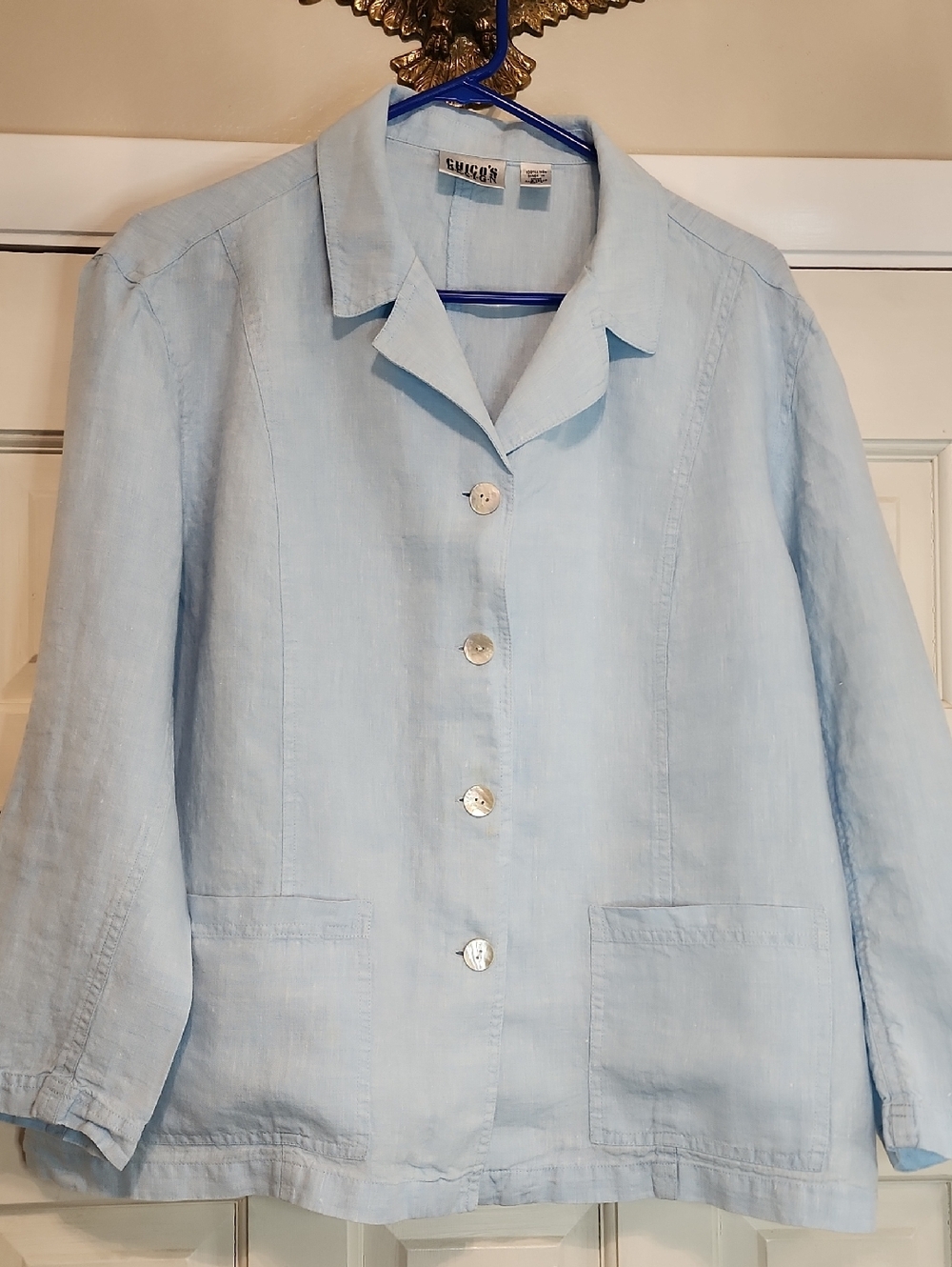 Chico's Pale Blue 100% Linen Button-Front Top/ Jacket Size 3 Side Slits Pictured
